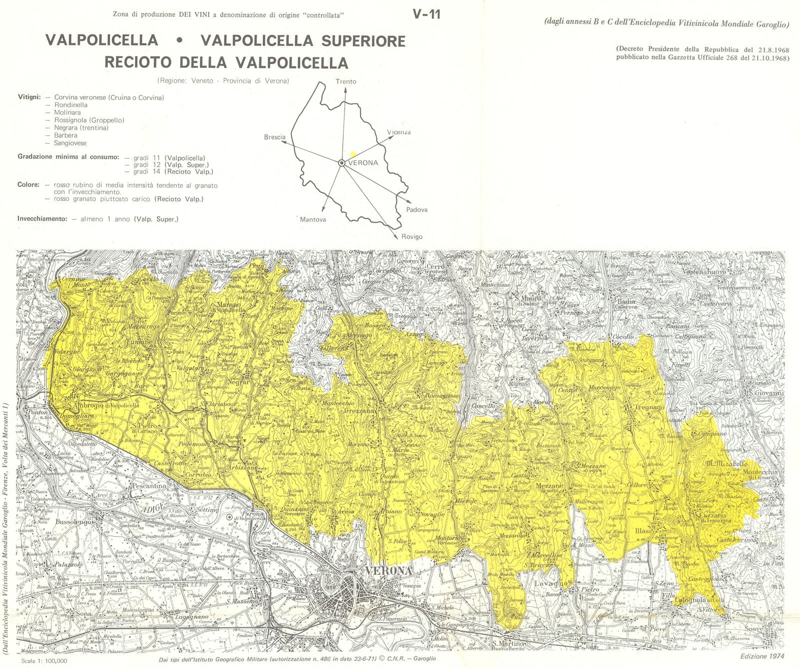 Italy wine. Recioto della Valpolicella & Superiore DOC. Veneto. Verona 1976 map